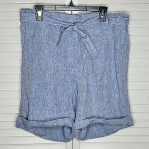 J Jill Love Linen Belted Paperbag Waist Blue Shorts LARGE EUC COASTAL GRANDMA